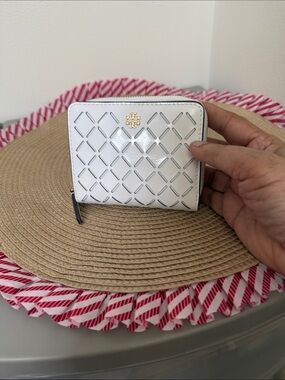 Tory Burch White Perforated Patent Zip Wallet with Gold Logo